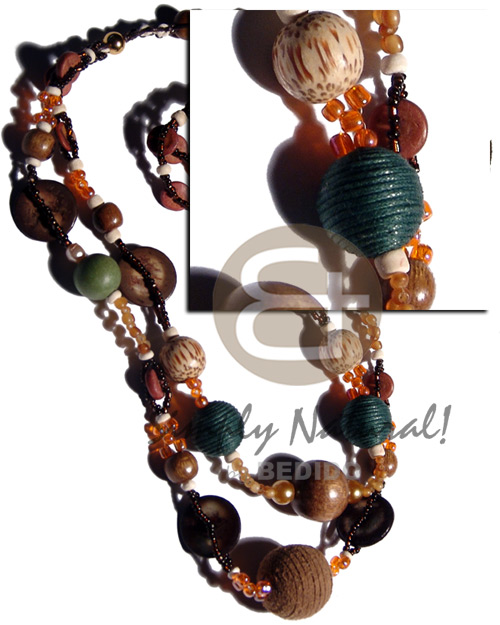 2 layers glass beads  asstd. wood beads, palmwood , 7-8mm coco Pokalet., wrapped 20mm wood beads, troca garlic shells and wax cord macrame / 30 in. - Home