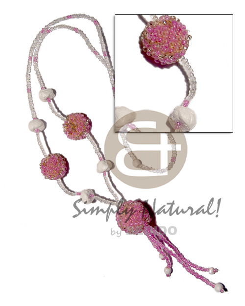 tassled single row pink/clear glass beads combination  wrapped round 25mm/15mm nat. wood beads / 32in plus 3in tassles - Home