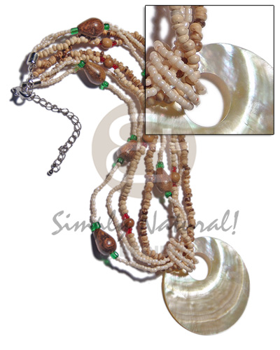 45mm round MOP shell pendant on 4 layers - 2-3mm coco Pokalet tiger, glass beads  wood beads accent - Home