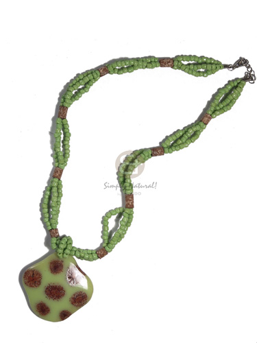 3 layers intertwined lime green glass beads  matching 50mm laminated seeds in resin pendant / 18in - Home