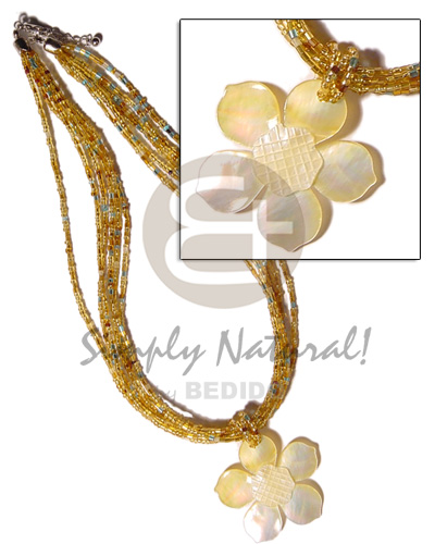 6 rows yellow gold  multi layered glass beads   40mm flower hammershell pendant  grooved nectar - Home