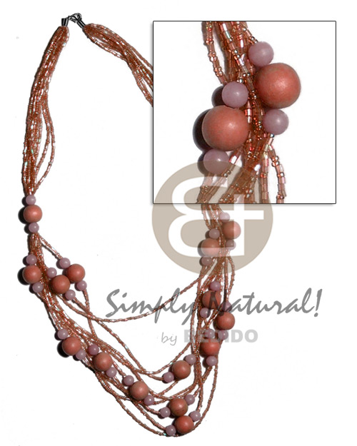 5 rows  graduated multilayered  cut glass beads   buri seeds and wood beads accent/ light orange tones / 32 in - Home