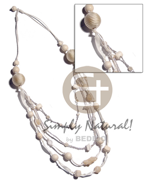 white / 2 layers wax cord  matching wrapped 20mm wood beads, 4 graduated layers of metal chain,ribbon,glass beads,wax cords  asstd. round wood beads ,acrylic beads combination /28 in - Home