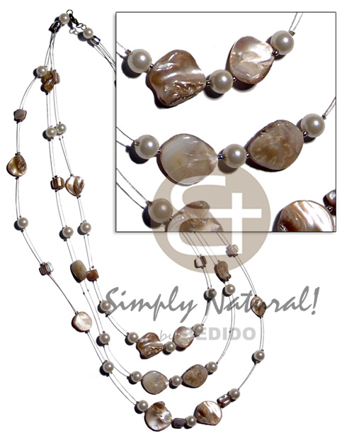floating natural kabibe shell nuggets in 3 graduated rows of magic wire  28" / 24" / 22"   pearl beads accent - Home