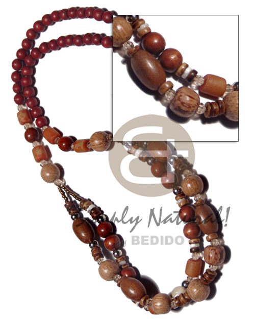 6mm maroon nat. wood beads  2 layers asstd. wood beads and 4-5mm coco Pokalet combination / 20 in. - Home