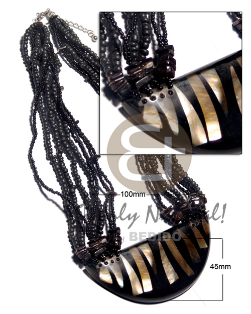 choker / 8 layers 2-3mm black coco Pokalet/black glass beads, blackpen sq. cut combination  half moon laminated brownlip pendant in black resin / 100mmx45mm / thickness 10mm / 15in - Home