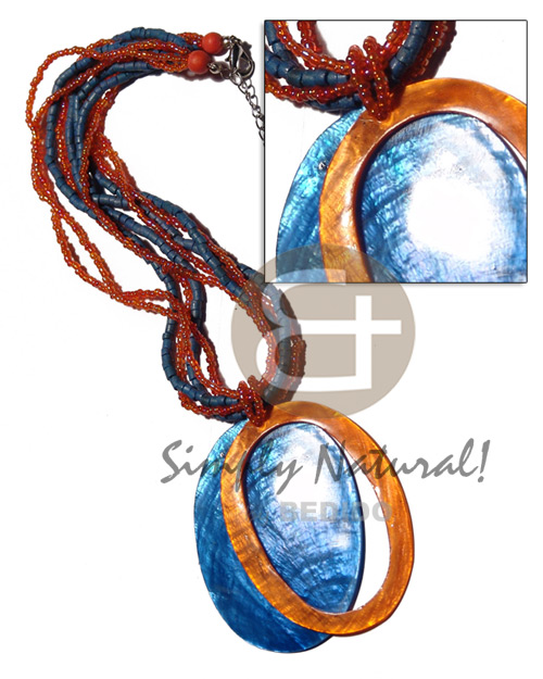 5 rows 2-3mm coco heishe/glass beads  65mm laminated capiz solid oval and 65mm capiz oval ring pair pendant / blue and orange tones / 18in - Home