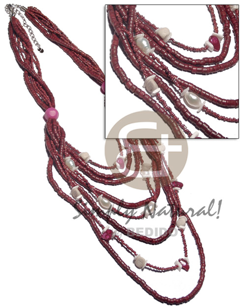 8 rows graduated glass beads and 4-5mm coco heishe in maroon tones  white rose, wood and pearl beads accent / 20in/22in/24in/27/29in/32in/34in/36in - Home