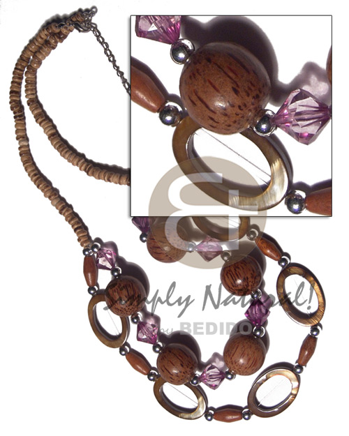 4-4mm coco nat. tiger  2 graduated rows of laminated oval kabibe shell rings and 20mm palmwood beads / 18in/20in / ext. chain - Home