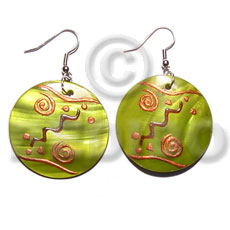 dangling round 35mm kabibe shell in green color  embossed handpainted design - Home
