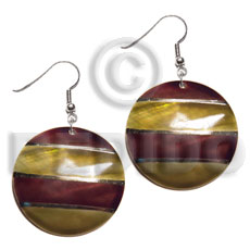 dangling handpainted and colored round 30mm kabibe shell pendant embellished  elevated /embossed metallic paint accent lines / brown and gold tones - Home