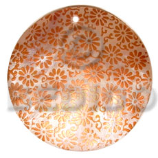 round 40mm hammershell  handpainted design - floral orange/embossed hand painted using japanese materials in the form of maki-e art a traditional japanese form of hand painting - Hand Painted Pendants
