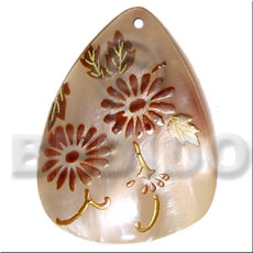 inverted teardrop 45mm hammershell  handpainted design - floral/embossed hand painted using japanese materials in the form of maki-e art a traditional japanese form of hand painting - Hand Painted Pendants