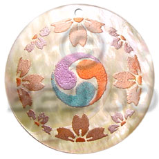 round 40mm MOP  handpainted design - embossed hand painted using japanese materials in the form of maki-e art a traditional japanese form of hand painting - Hand Painted Pendants
