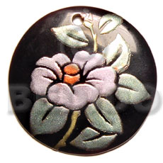 round 40mm black tab  handpainted design - floral/embossed hand painted using japanese materials in the form of maki-e art a traditional japanese form of hand painting - Hand Painted Pendants