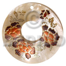 round 50mm kabibe shell donut  handpainted design - floral/embossed hand painted using japanese materials in the form of maki-e art a traditional japanese form of hand painting - Hand Painted Pendants