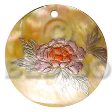 round 40mm MOP  handpainted design - floral/embossed hand painted using japanese materials in the form of maki-e art a traditional japanese form of hand painting - Hand Painted Pendants