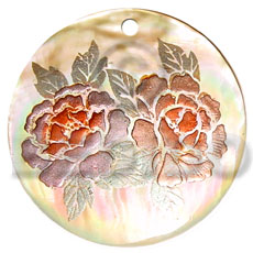 round 40mm MOP  handpainted design - floral/embossed hand painted using japanese materials in the form of maki-e art a traditional japanese form of hand painting - Hand Painted Pendants