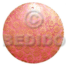 round 40mm pink hammershell  handpainted design - floral/embossed hand painted using japanese materials in the form of maki-e art a traditional japanese form of hand painting - Hand Painted Pendants