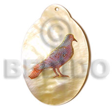 oval MOP 45mm  handpainted embossed bird hand painted using japanese materials in the form of maki-e art a traditional japanese form of hand painting - Hand Painted Pendants