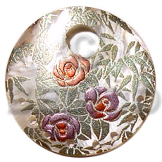 round 40mm  hammershell  12mm hole / handpainted design - floral/embossed hand painted using japanese materials in the form of maki-e art a traditional japanese form of hand painting - Hand Painted Pendants