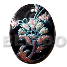 oval 45mm  blacktab  12mm hole / handpainted design - floral/embossed hand painted using japanese materials in the form of maki-e art a traditional japanese form of hand painting - Hand Painted Pendants