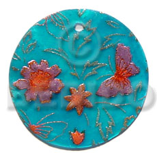 round 40mm  aqua blue hammershell / handpainted design - floral/embossed hand painted using japanese materials in the form of maki-e art a traditional japanese form of hand painting - Hand Painted Pendants