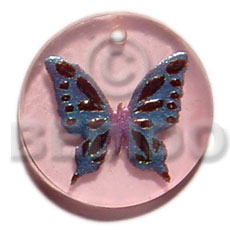 round pink 30mm  hammershell in resin   handpainted butterfly design - floral/embossed hand painted using japanese materials in the form of maki-e art a traditional japanese form of hand painting - Hand Painted Pendants