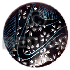 round 40mm blacktab  handpainted design - blue & silver combination / embossed hand painted using japanese materials in the form of maki-e art a traditional japanese form of hand painting - Hand Painted Pendants