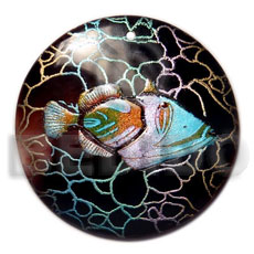 round 40mm blacktab  handpainted design - fish / embossed hand painted using japanese materials in the form of maki-e art a traditional japanese form of hand painting - Hand Painted Pendants