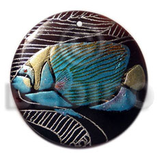 round 40mm blacktab  handpainted design - fish / embossed hand painted using japanese materials in the form of maki-e art a traditional japanese form of hand painting - Hand Painted Pendants