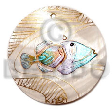 round 40mm hammershell  handpainted design - fish /embossed hand painted using japanese materials in the form of maki-e art a traditional japanese form of hand painting - Hand Painted Pendants