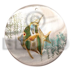 round 40mm hammershell  handpainted design - fish /embossed hand painted using japanese materials in the form of maki-e art a traditional japanese form of hand painting - Hand Painted Pendants