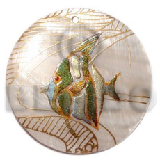 round 40mm hammershell  handpainted design - fish /embossed hand painted using japanese materials in the form of maki-e art a traditional japanese form of hand painting - Hand Painted Pendants