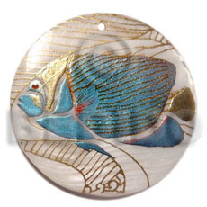 round 40mm hammershell  handpainted design - fish /embossed hand painted using japanese materials in the form of maki-e art a traditional japanese form of hand painting - Hand Painted Pendants