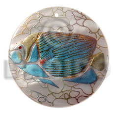 round 40mm hammershell  handpainted design - fish /embossed hand painted using japanese materials in the form of maki-e art a traditional japanese form of hand painting - Hand Painted Pendants