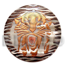 round 40mm hammershell  handpainted design - tiger / embossed hand painted using japanese materials in the form of maki-e art a traditional japanese form of hand painting - Hand Painted Pendants
