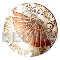 round 40mm hammershell  handpainted design - fan / embossed hand painted using japanese materials in the form of maki-e art a traditional japanese form of hand painting - Hand Painted Pendants