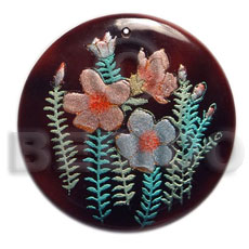 round 40mm blacktab  handpainted design - floral / embossed hand painted using japanese materials in the form of maki-e art a traditional japanese form of hand painting - Hand Painted Pendants