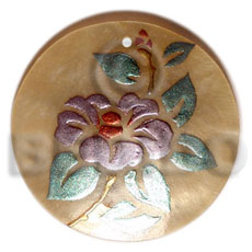 round 40mm MOP  handpainted design - floral / embossed hand painted using japanese materials in the form of maki-e art a traditional japanese form of hand painting - Hand Painted Pendants