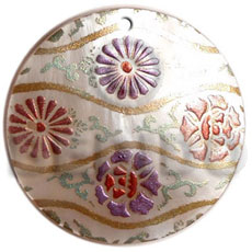 round 40mm hammershell  handpainted design - floral / embossed hand painted using japanese materials in the form of maki-e art a traditional japanese form of hand painting - Hand Painted Pendants