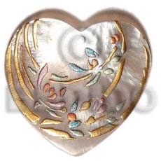 heart 45mm hammershell  handpainted design - ferns / embossed hand painted using japanese materials in the form of maki-e art a traditional japanese form of hand painting - Hand Painted Pendants