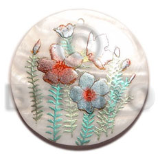 round 50mm kabibe shell  handpainted design - floral / embossed hand painted using japanese materials in the form of maki-e art a traditional japanese form of hand painting - Hand Painted Pendants