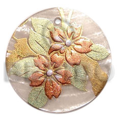 round 40mm hammershell  handpainted design - floral / embossed hand painted using japanese materials in the form of maki-e art a traditional japanese form of hand painting - Hand Painted Pendants