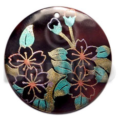 round 40mm blacktab  handpainted design - floral / embossed hand painted using japanese materials in the form of maki-e art a traditional japanese form of hand painting - Hand Painted Pendants