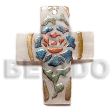 cross 45mmx20mm kabibe shell  handpainted design - floral / embossed hand painted using japanese materials in the form of maki-e art a traditional japanese form of hand painting - Hand Painted Pendants