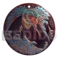 round 40mm blacktab  handpainted design - bird / embossed hand painted using japanese materials in the form of maki-e art a traditional japanese form of hand painting - Hand Painted Pendants