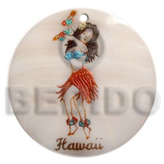 round 40mm kabibe shell  handpainted design -hula girl / embossed hand painted using japanese materials in the form of maki-e art a traditional japanese form of hand painting - Hand Painted Pendants