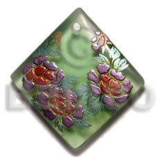 58mmmm diamond transparent green resin  handpainted design - floral / embossed hand painted using japanese materials in the form of maki-e art a traditional japanese form of hand painting - Hand Painted Pendants