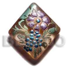 diamond 40mm  transparent brown resin  handpainted design - floral / embossed hand painted using japanese materials in the form of maki-e art a traditional japanese form of hand painting - Hand Painted Pendants